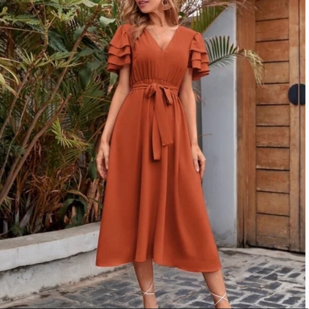 Boho Rust V neck layered Sleeve Midi Dress - Picture 5 of 15